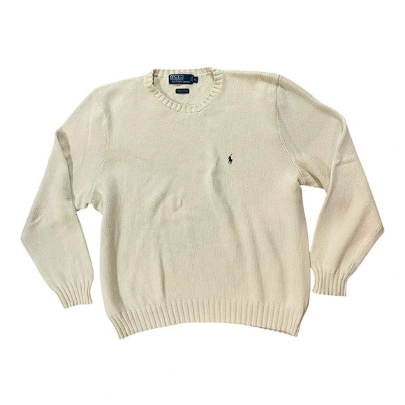 Polo Ralph Lauren Knit Cotton Sweater Sz XL 100% Cotton Cream Vintage Crewneck - Picture 1 of 4